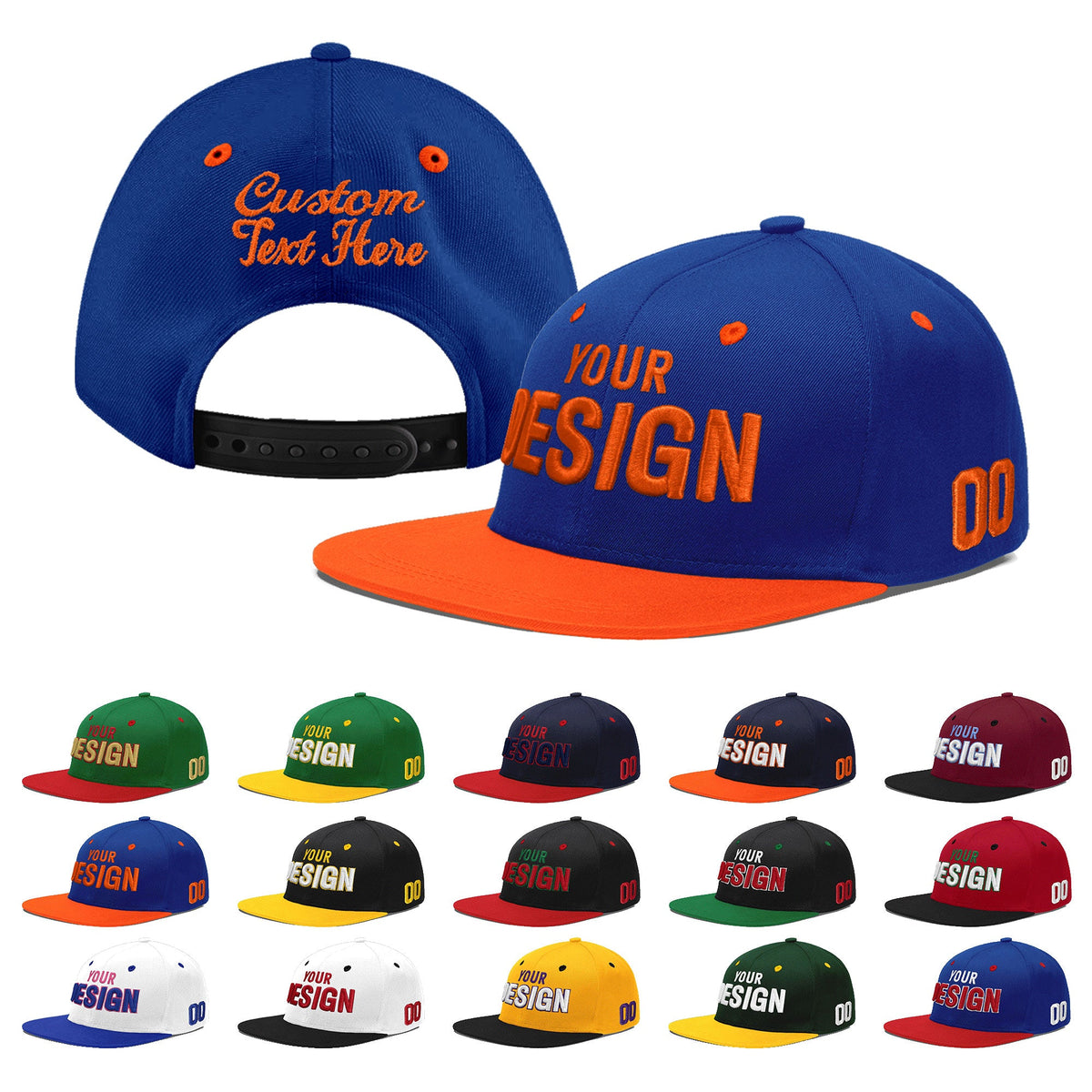 Custom Royal Blue Orange 3D Puff Embroidery Flat Embroidery Casual Sport Baseball Cap