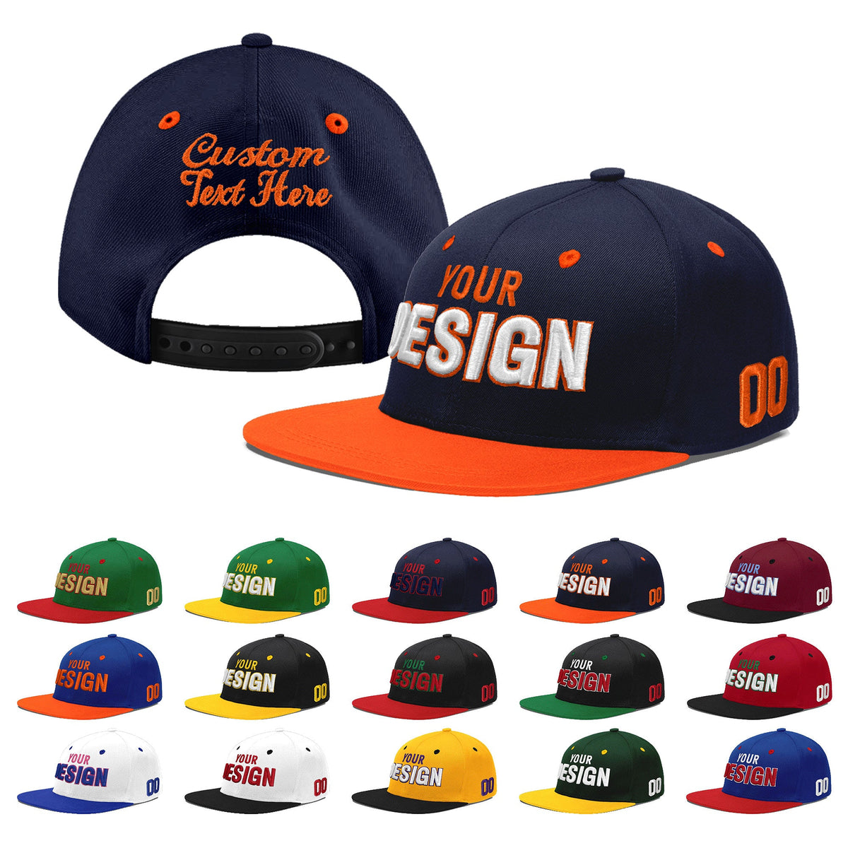 Custom Navy Orange 3D Puff Embroidery Flat Embroidery Casual Sport Baseball Cap
