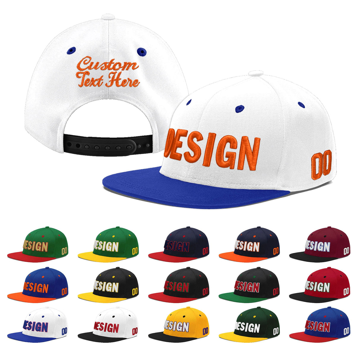 Custom White Royal Blue 75D Puff Embroidery Flat Embroidery Casual Sport Baseball Cap
