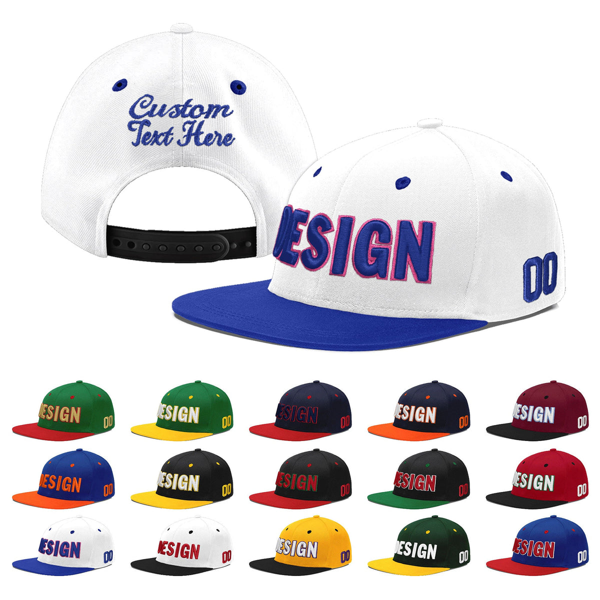 Custom White Royal Blue 75D Puff Embroidery Flat Embroidery Casual Sport Baseball Cap