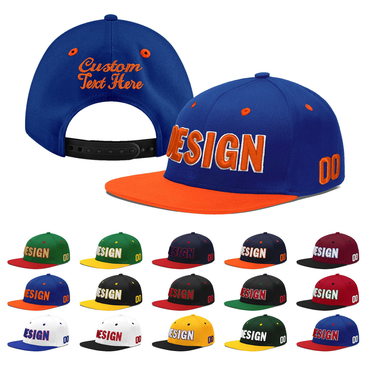 Custom Royal Blue Orange 3D Puff Embroidery Flat Embroidery Casual Sport Baseball Cap