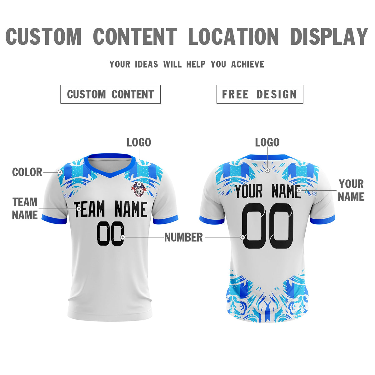 Custom White Blue Sport Soccer Tops Jersey