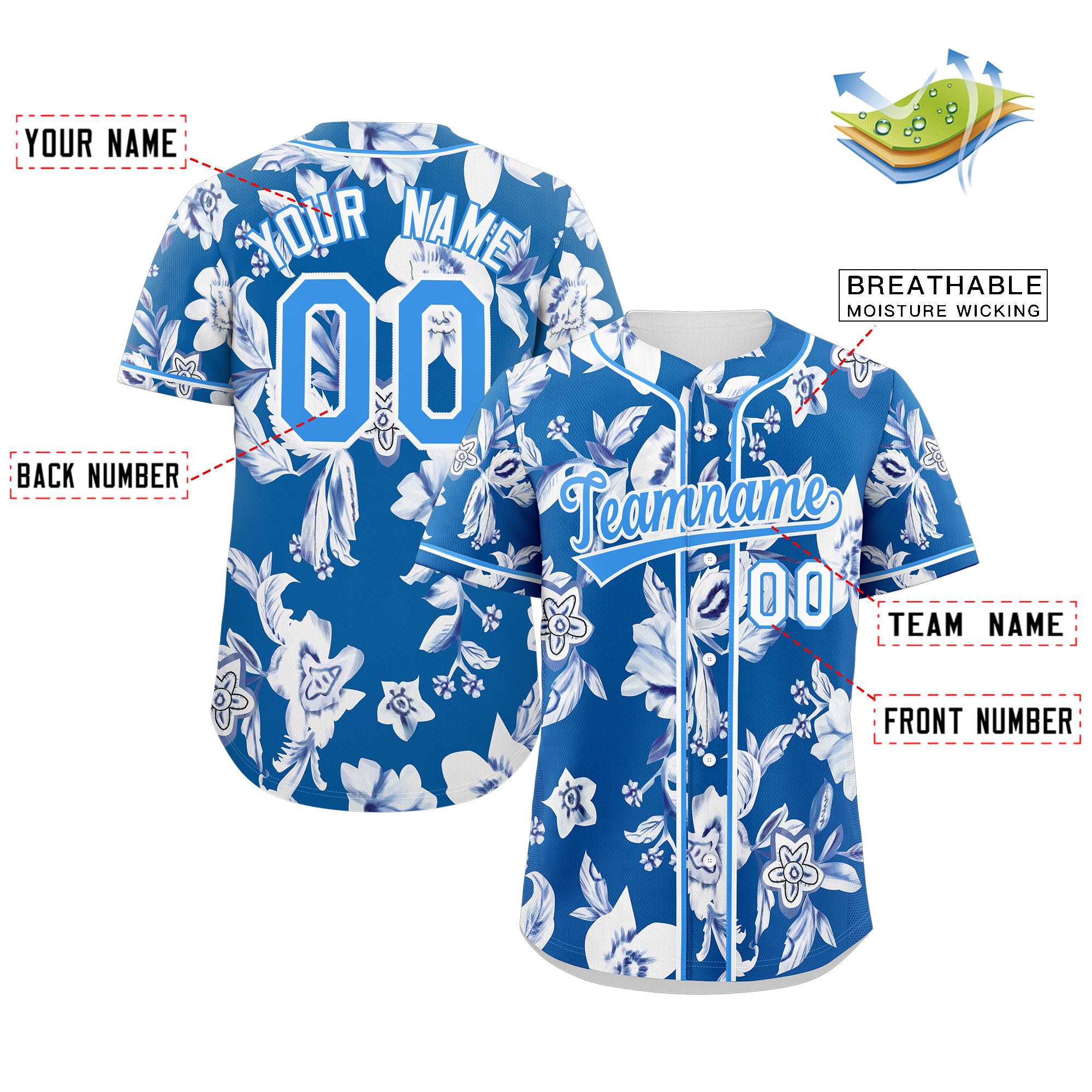 Custom Royal Powder Blue-White Graffiti Pattern Authentic Flower Baseball Jersey