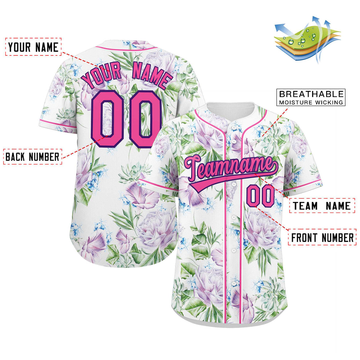 Custom White Pink-Purple Graffiti Pattern Authentic Flower Baseball Jersey