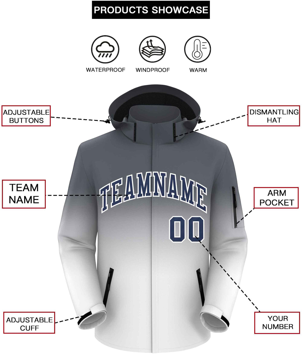 Custom Dark Gray White Gradient Fashion Outdoor Hooded Waterproof Jacket