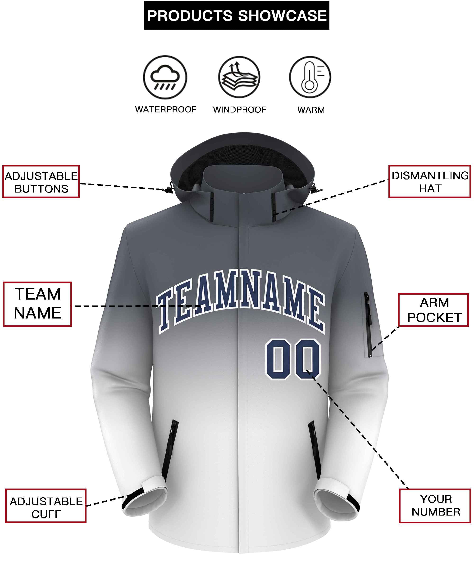 Custom Dark Gray White Gradient Fashion Outdoor Hooded Waterproof Jacket