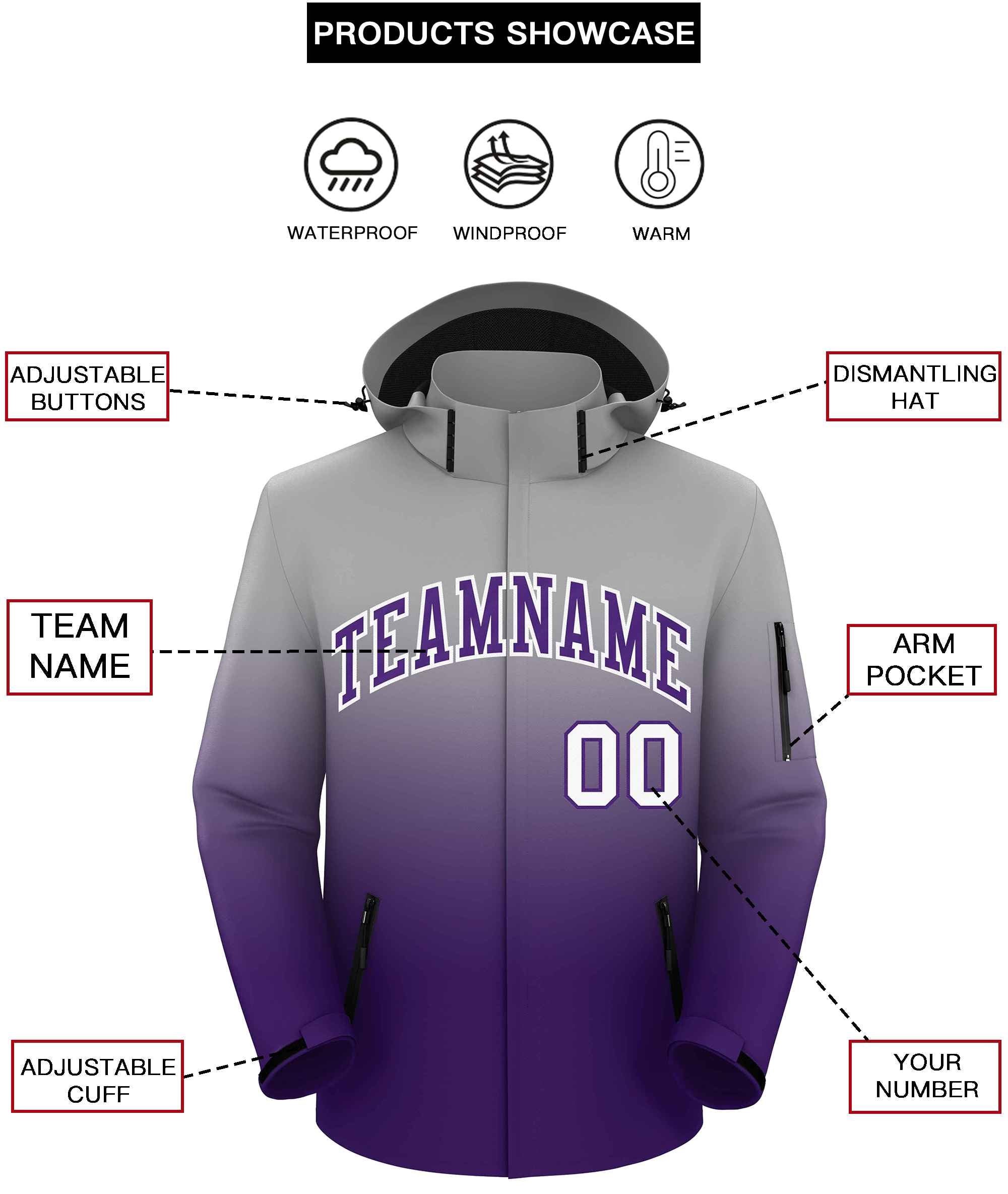 Custom Gray Purple Gradient Fashion Outdoor Hooded Waterproof Jacket