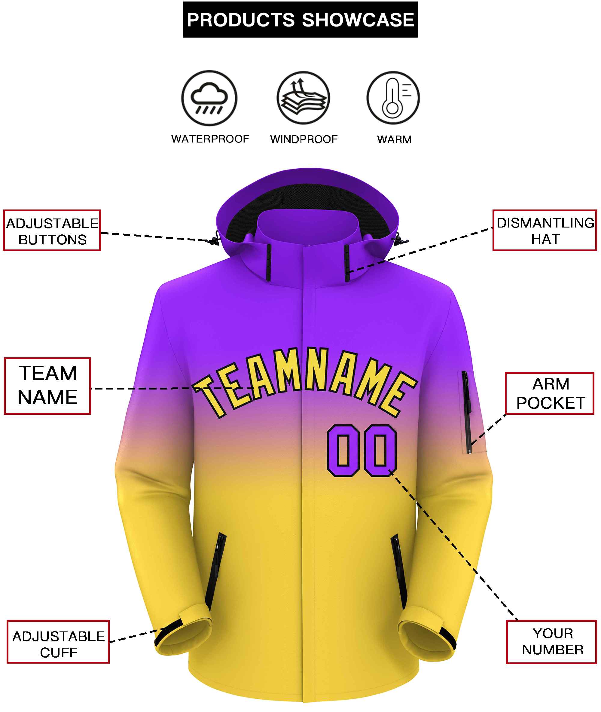 Custom Purple Yellow Gradient Fashion Outdoor Hooded Waterproof Jacket
