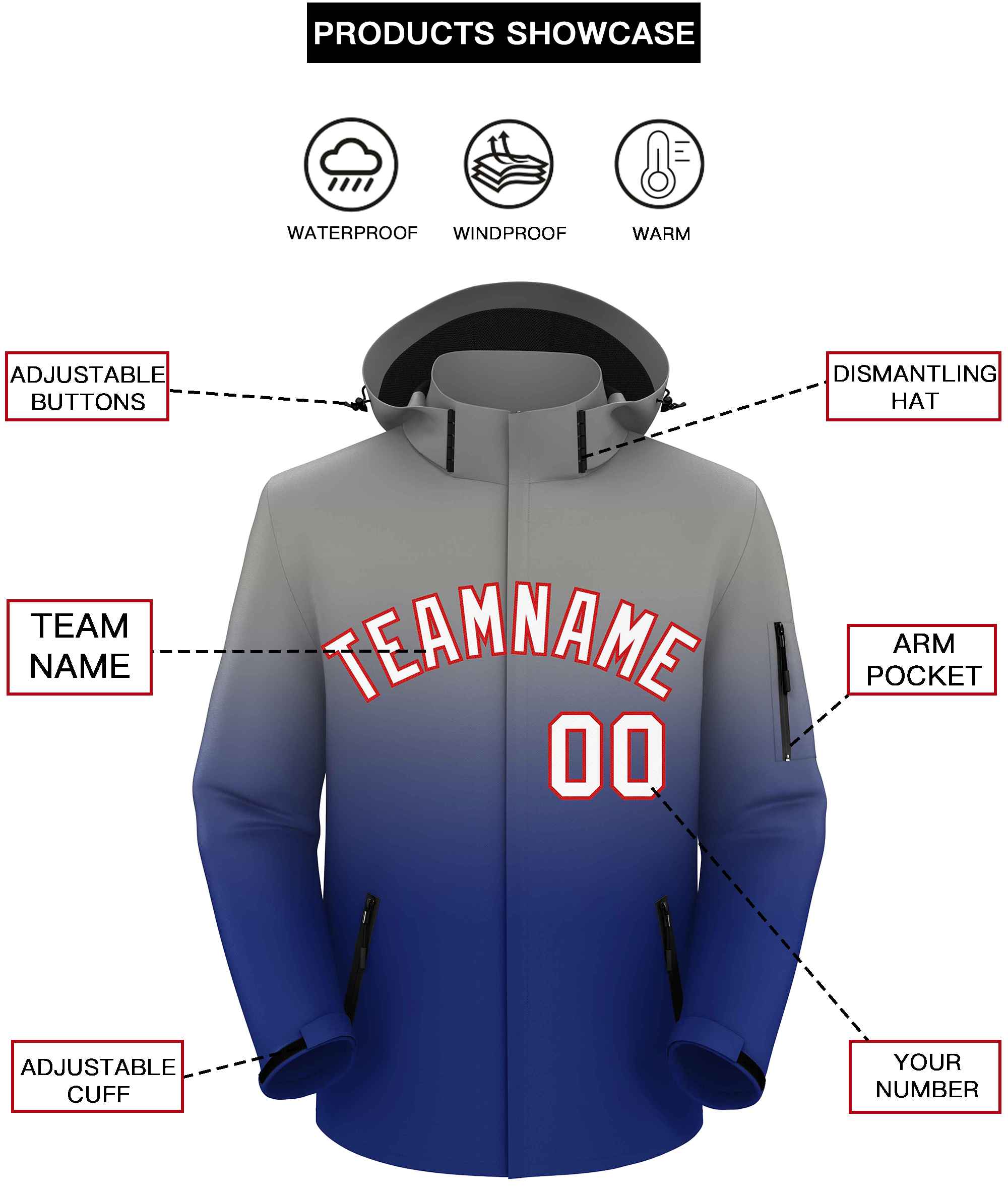 Custom Gray Royal Gradient Fashion Outdoor Hooded Waterproof Jacket