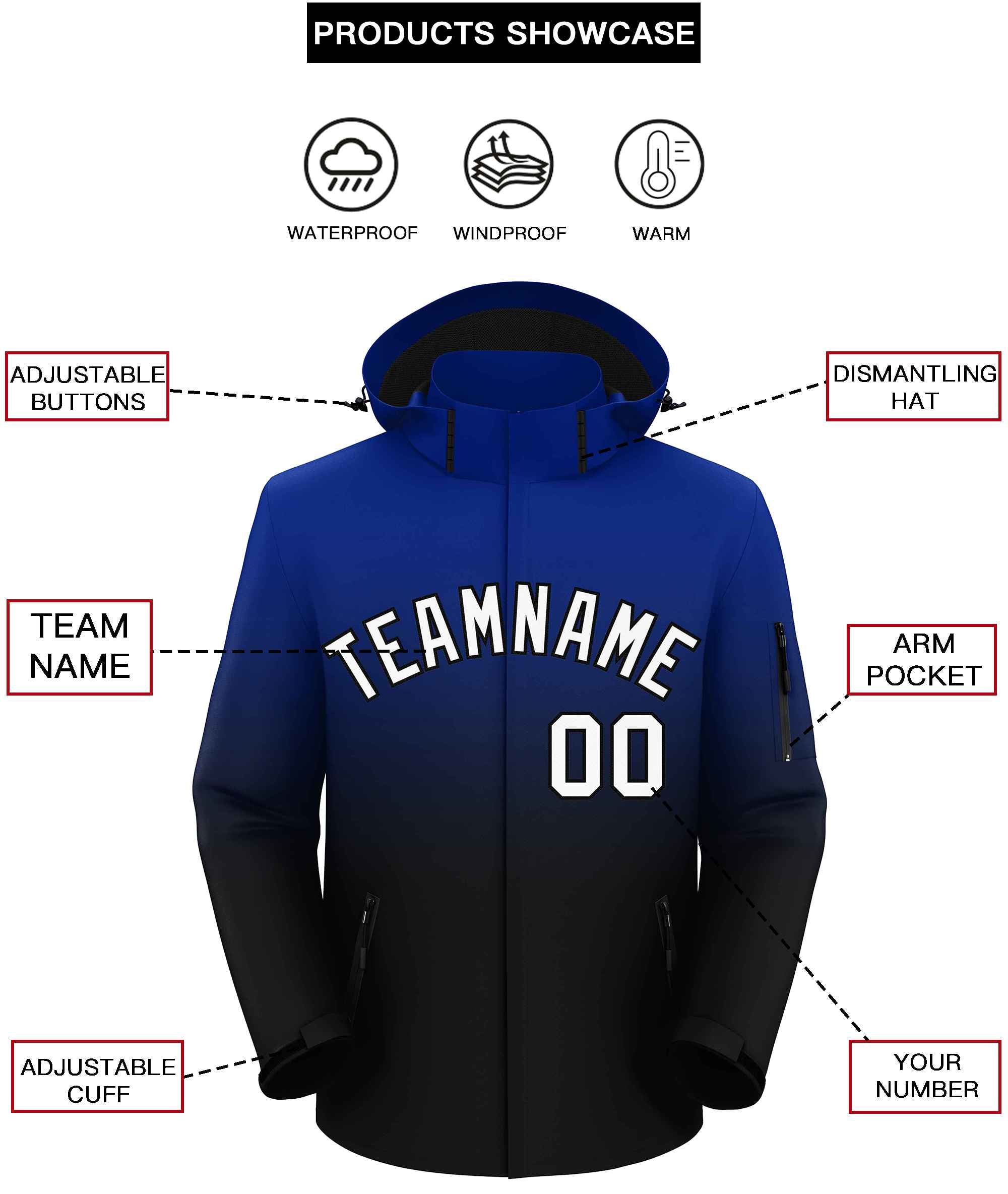 Custom Royal Black Gradient Fashion Outdoor Hooded Waterproof Jacket