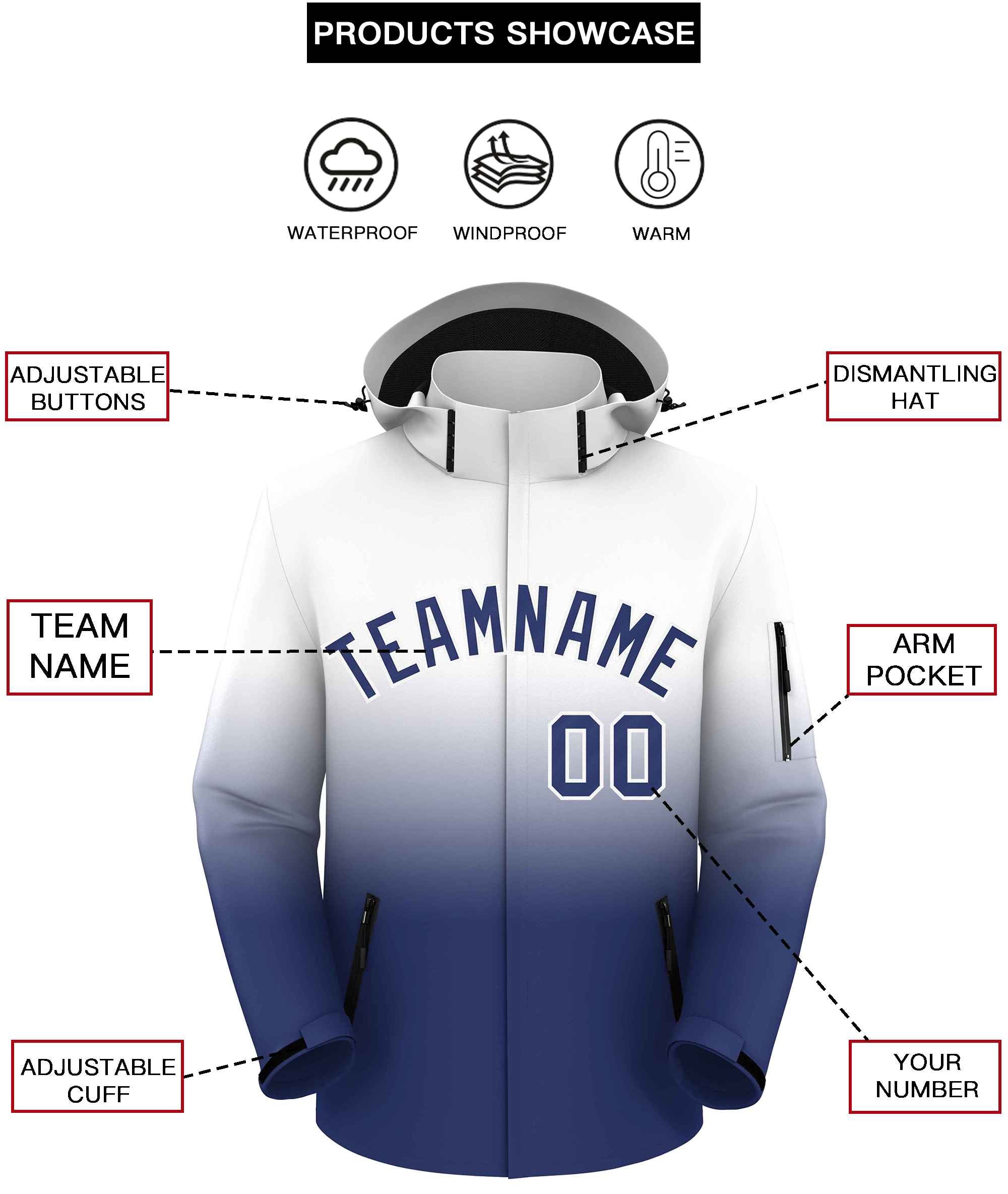 Custom White Blue Gradient Fashion Outdoor Hooded Waterproof Jacket