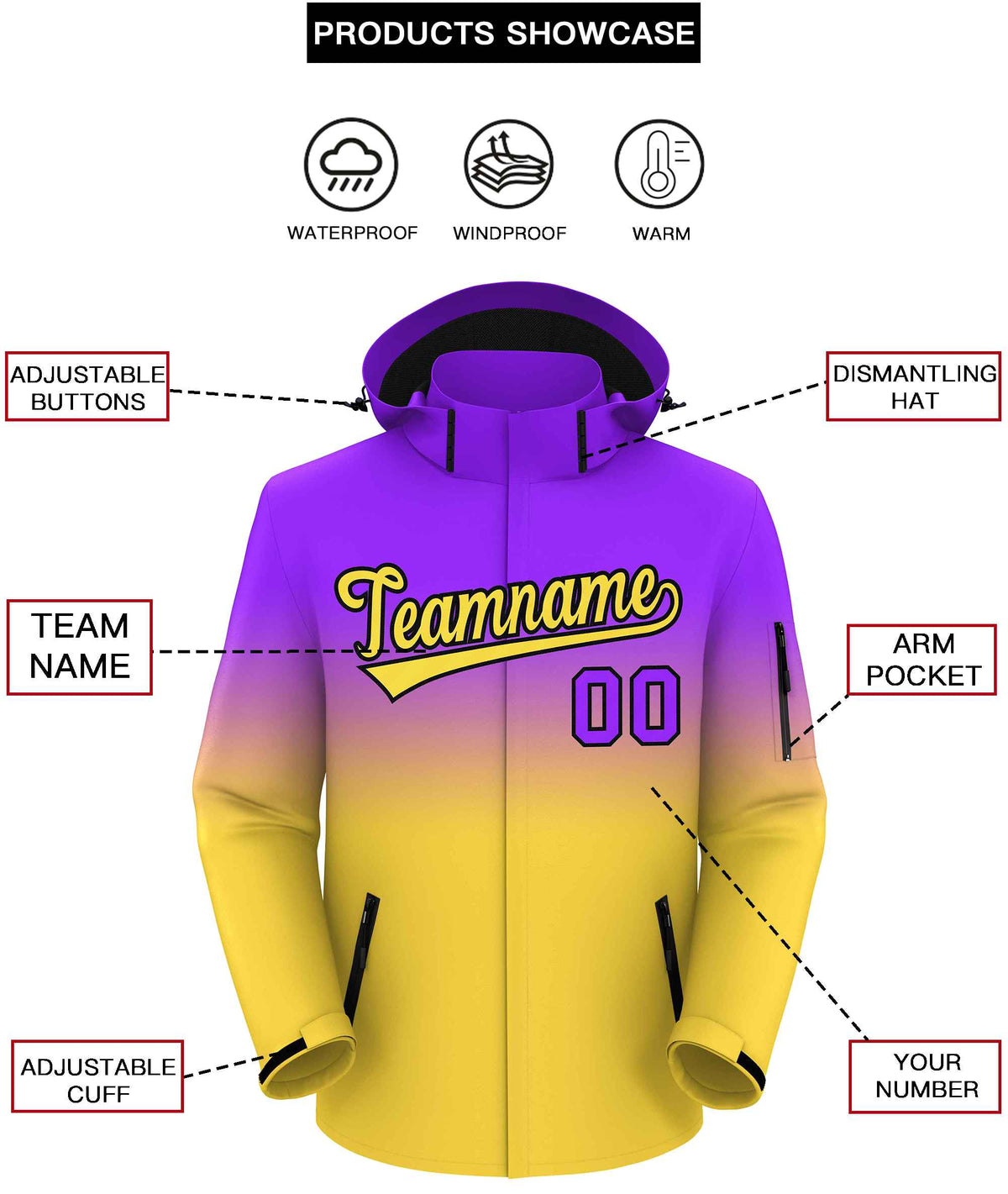 Custom Purple Yellow Gradient Fashion Outdoor Hooded Waterproof Jacket
