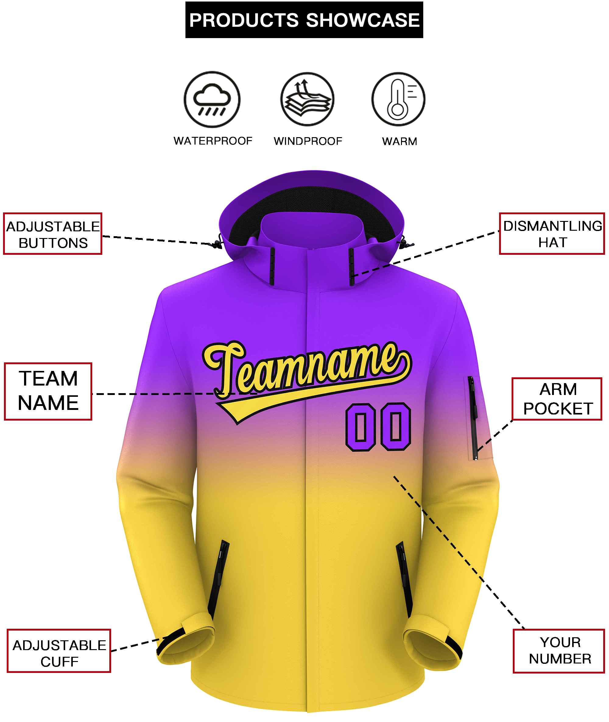 Custom Purple Yellow Gradient Fashion Outdoor Hooded Waterproof Jacket