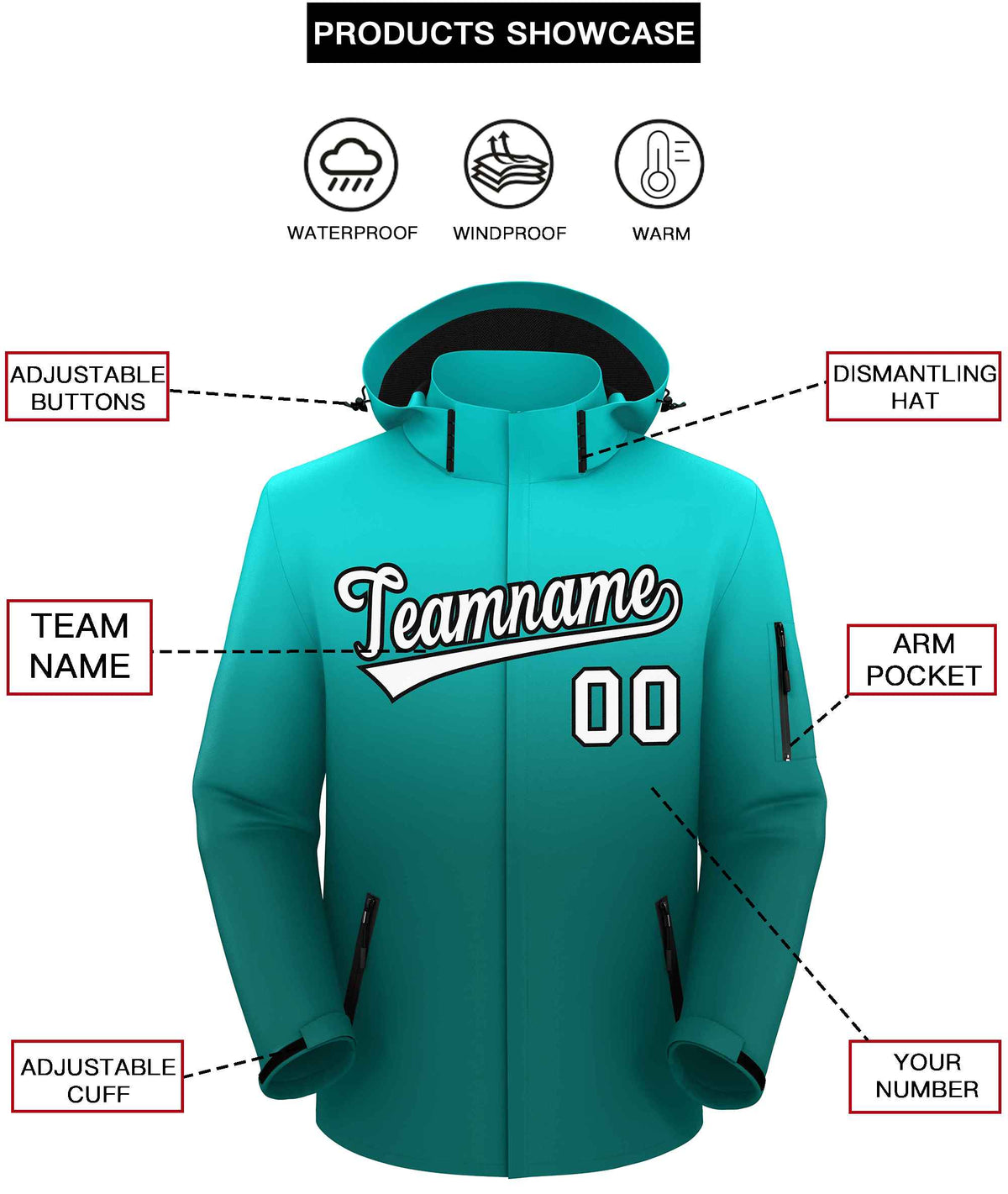 Custom Light Green Aqua Gradient Fashion Outdoor Hooded Waterproof Jacket