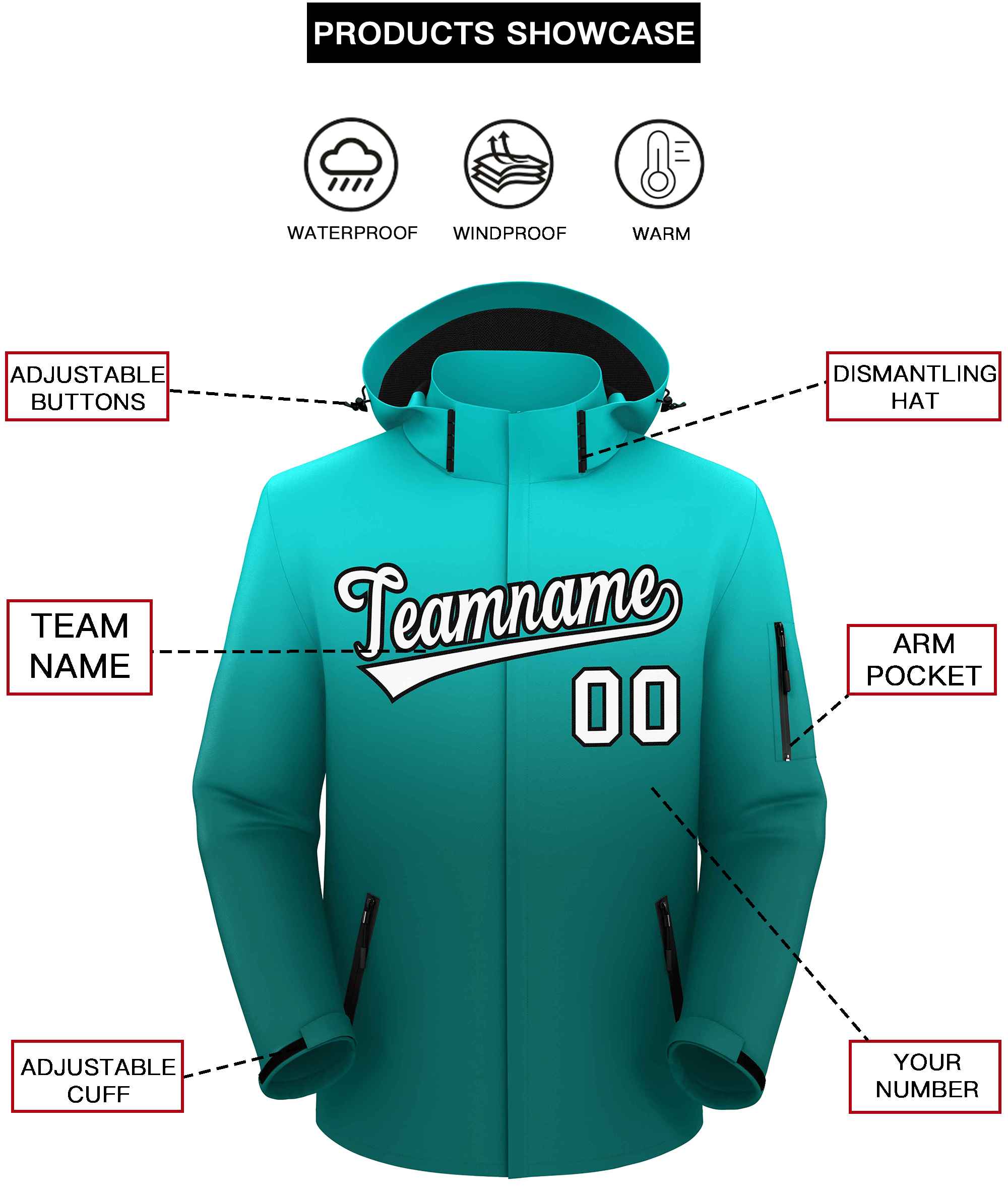 Custom Light Green Aqua Gradient Fashion Outdoor Hooded Waterproof Jacket