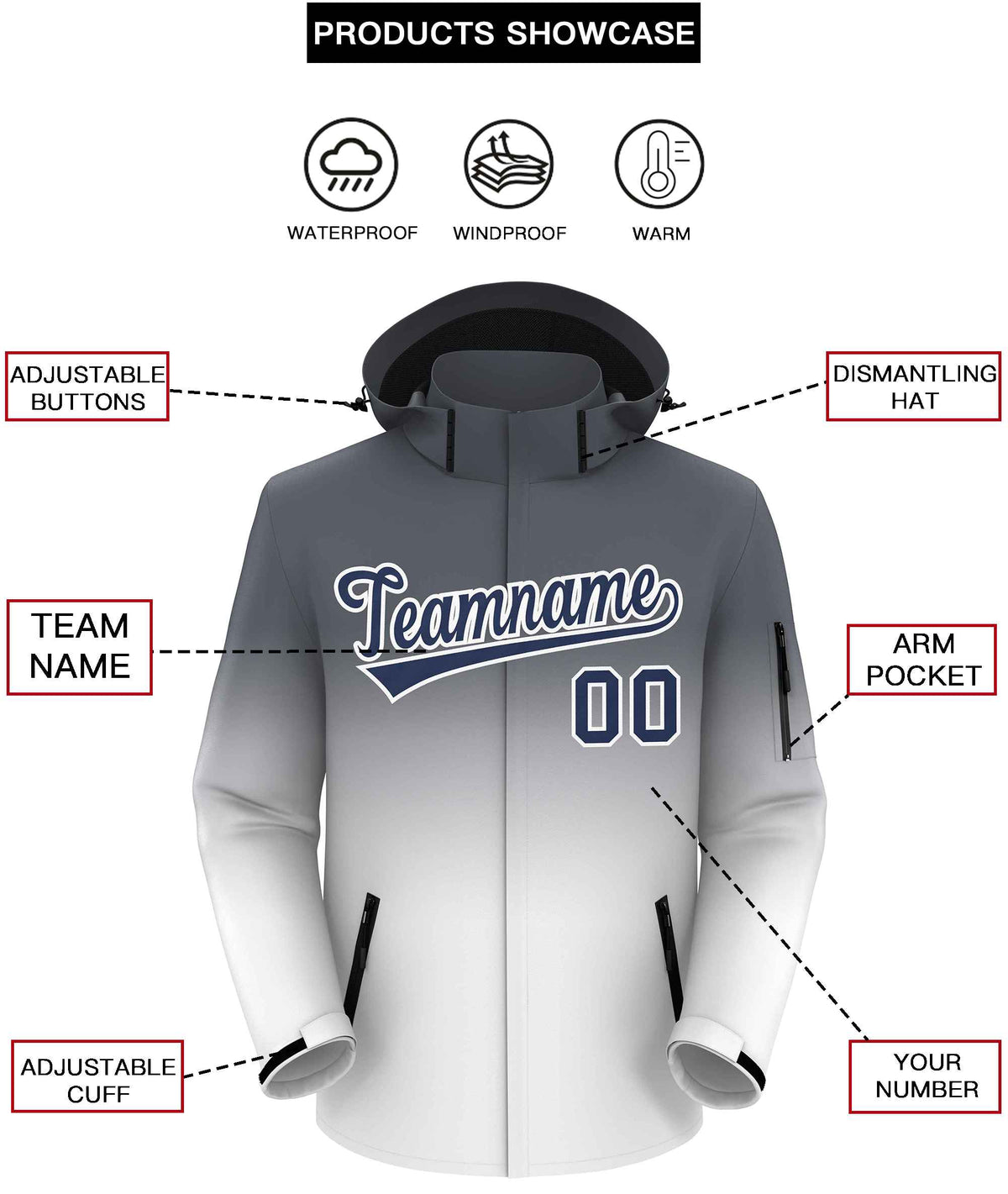 Custom Dark Gray White Gradient Fashion Outdoor Hooded Waterproof Jacket