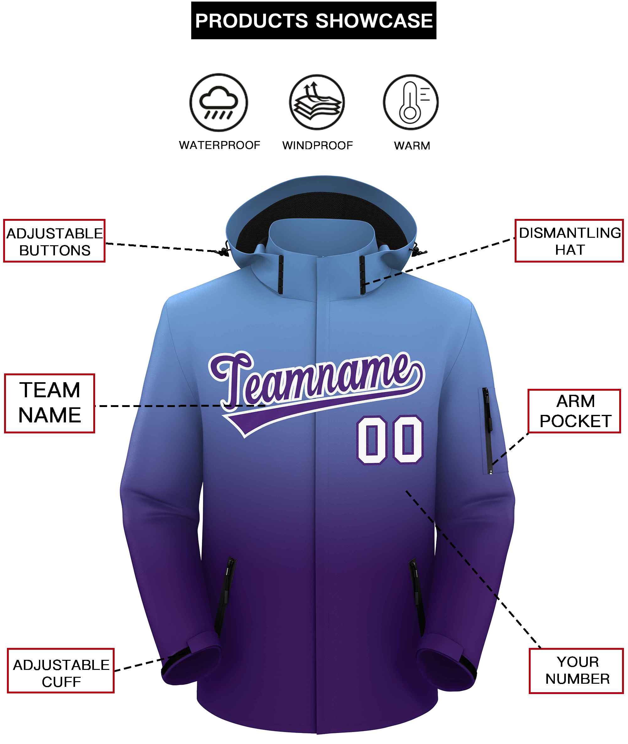 Custom Light Blue Purple Gradient Fashion Outdoor Hooded Waterproof Jacket