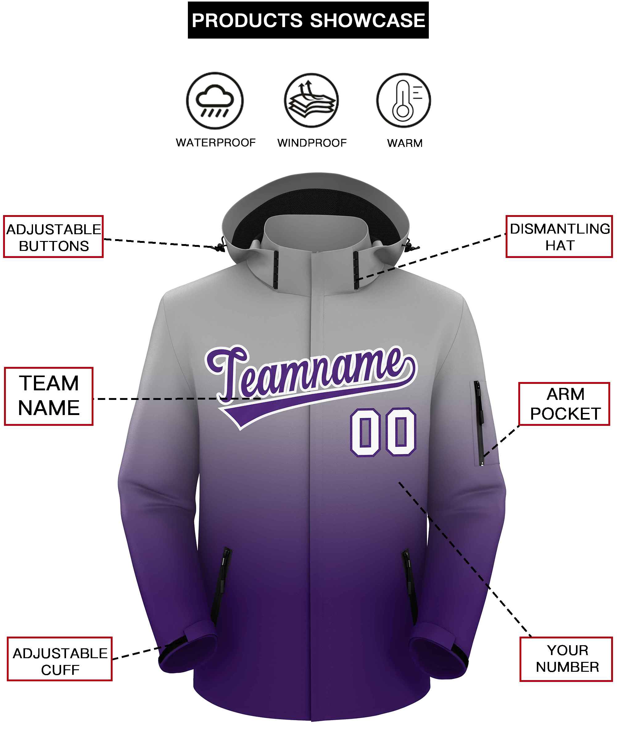 Custom Gray Purple Gradient Fashion Outdoor Hooded Waterproof Jacket