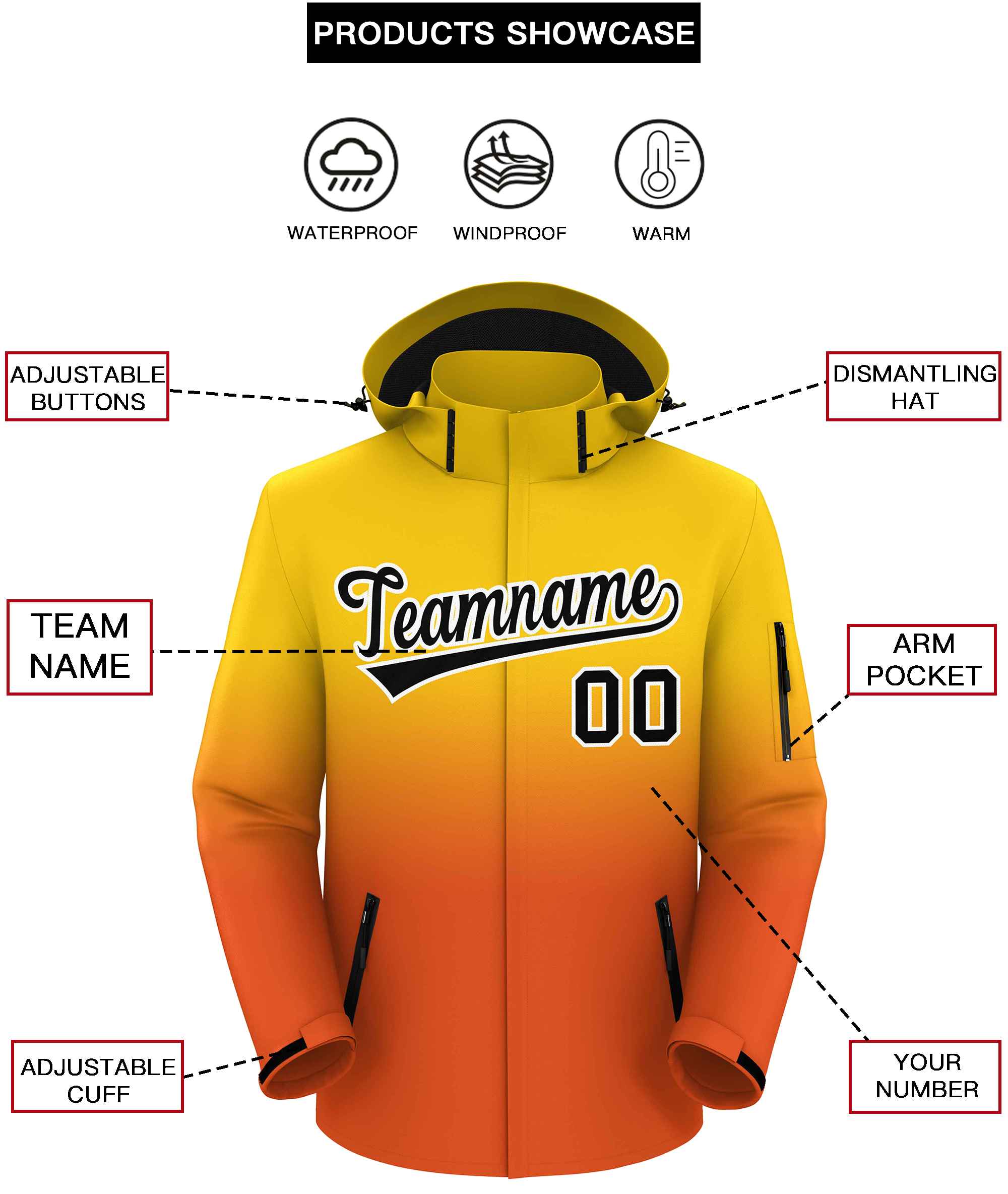 Custom Gold Orange Gradient Fashion Outdoor Hooded Waterproof Jacket