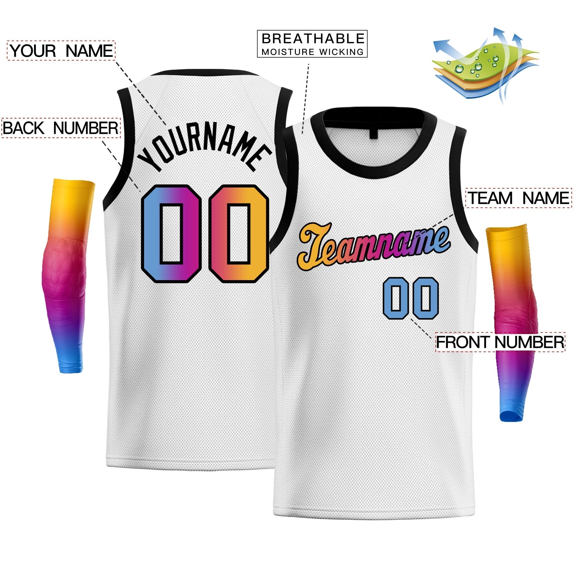 Maillot de basket-ball personnalisé à la mode, dégradé blanc, bleu clair, jaune et noir