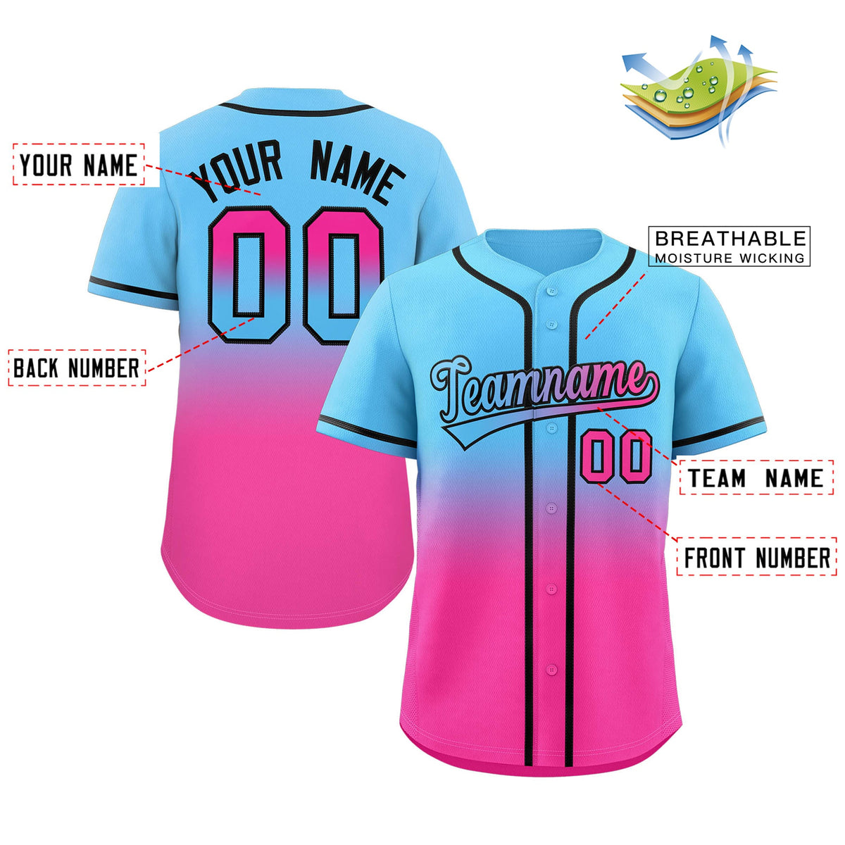 Custom Light Blue Pink Gradient Fashion Authentic Baseball Jersey For Women