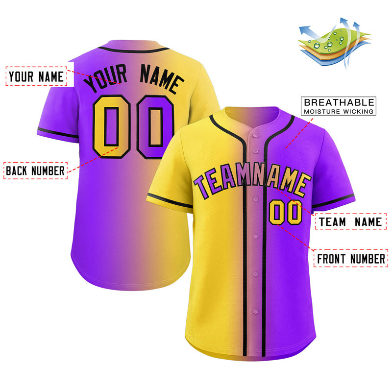 Benutzerdefinierte Gelb Lila-Schwarz Gradienten Mode Authentische Baseball Jersey