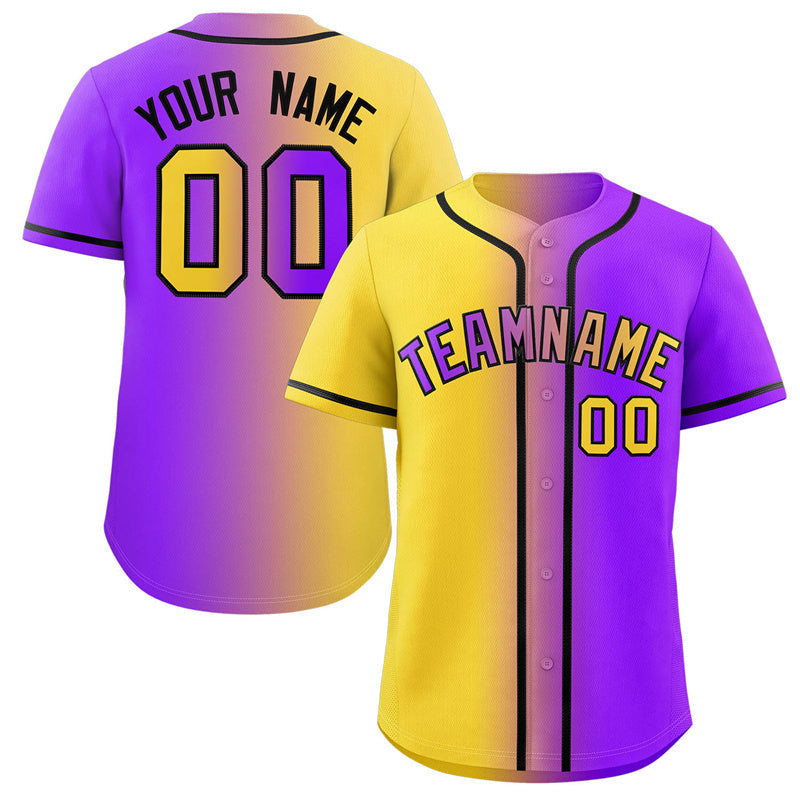Benutzerdefinierte Gelb Lila-Schwarz Gradienten Mode Authentische Baseball Jersey