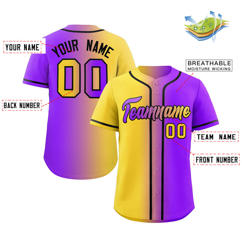 Benutzerdefinierte Gelb Lila-Schwarz Gradienten Mode Authentische Baseball Jersey