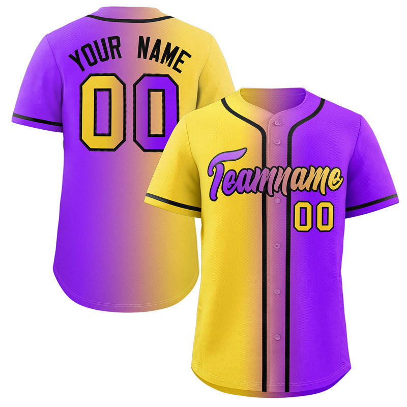 Benutzerdefinierte Gelb Lila-Schwarz Gradienten Mode Authentische Baseball Jersey