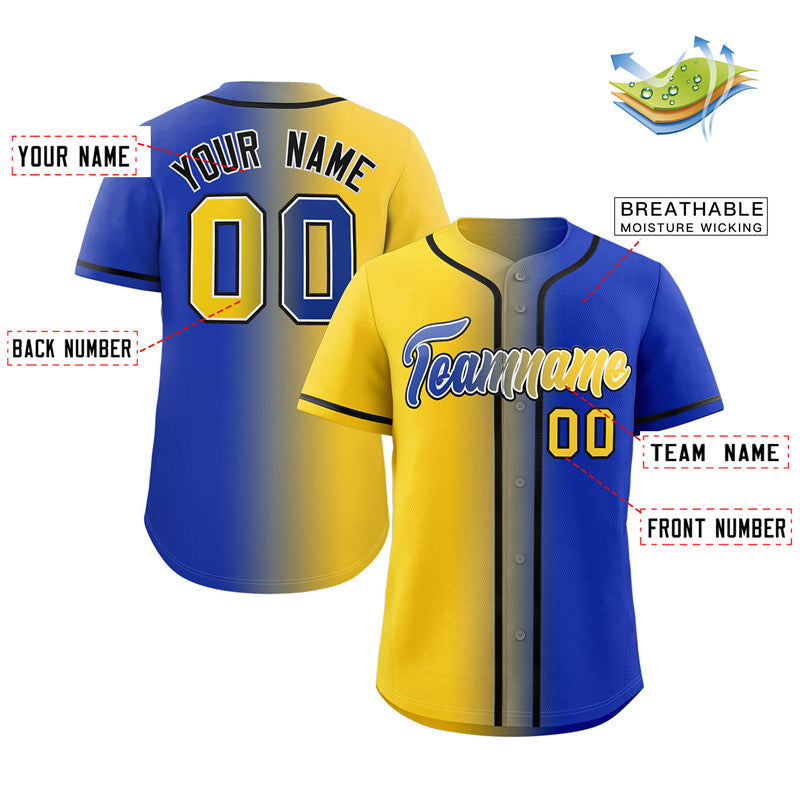 Maillot de baseball authentique personnalisé, dégradé jaune royal-noir