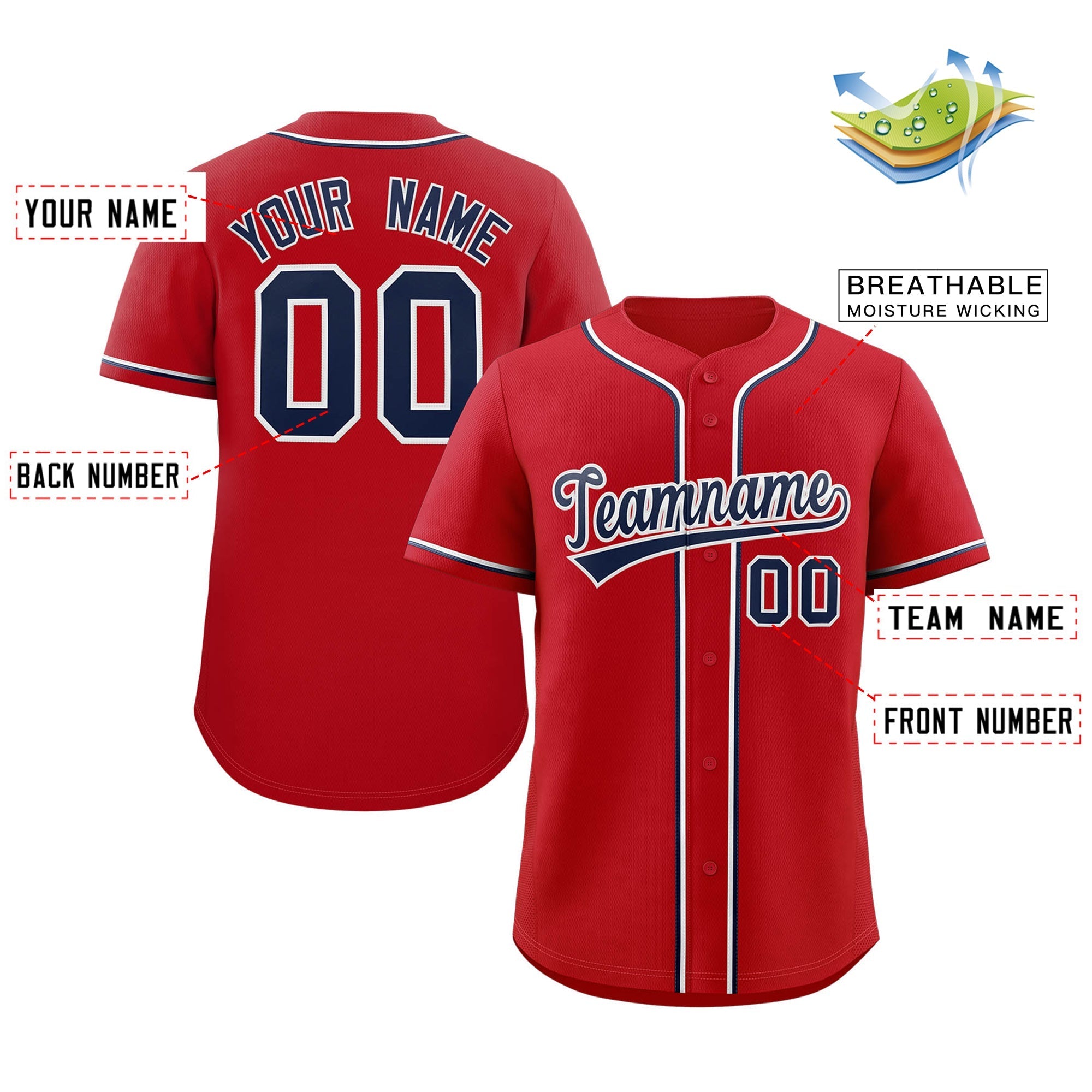 Benutzerdefiniertes, klassisches, authentisches Baseball-Trikot in Rot, Marineblau und Weiß