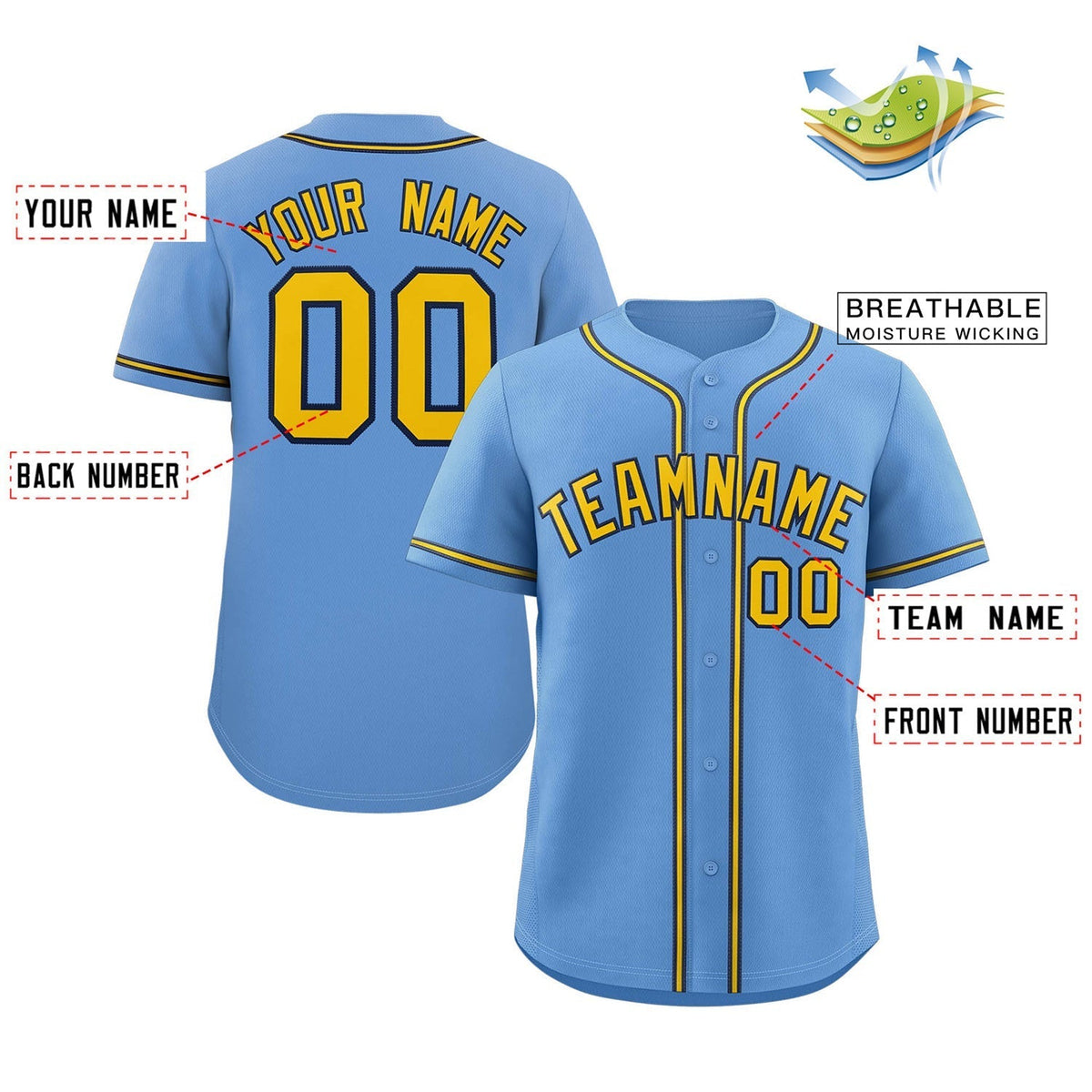 Custom Light Blue Gold-Navy Classic Style Authentic Baseball Jersey