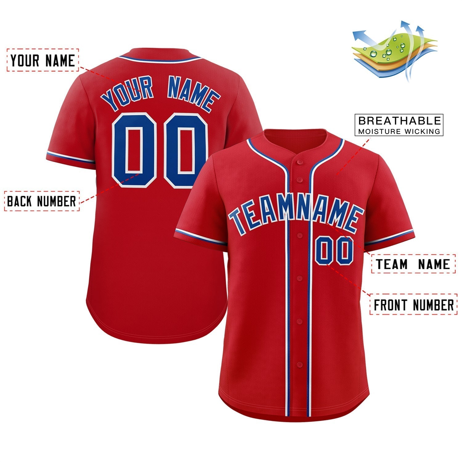 Benutzerdefiniertes, klassisches, authentisches Baseball-Trikot in Rot und Königsblau