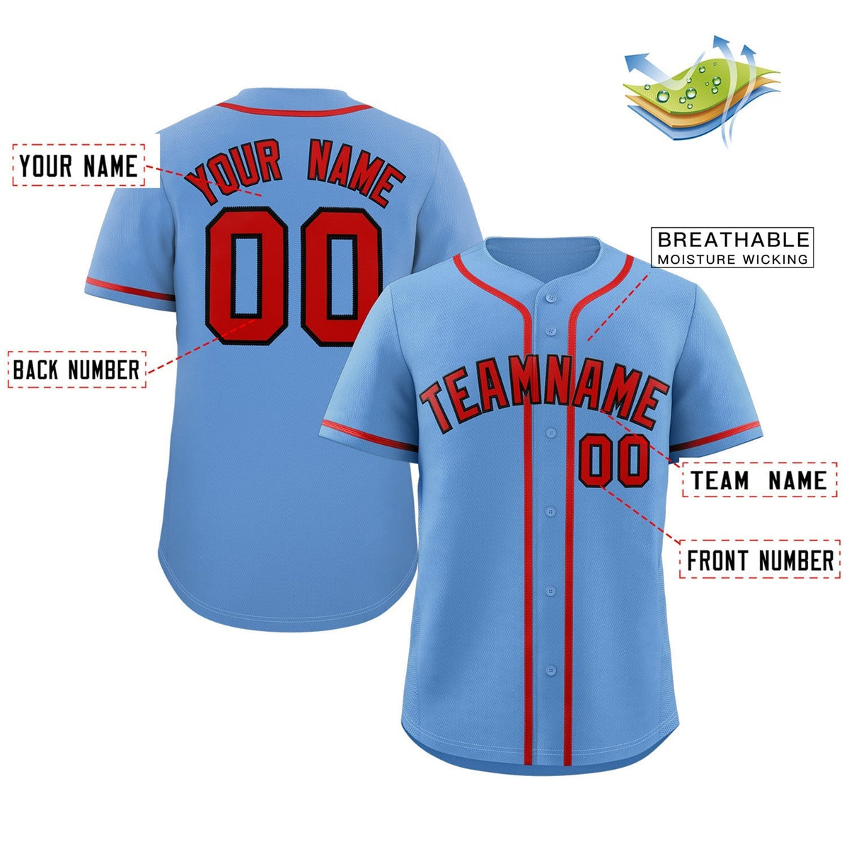Custom Light Blue Red-Black Classic Style Authentic Baseball Jersey