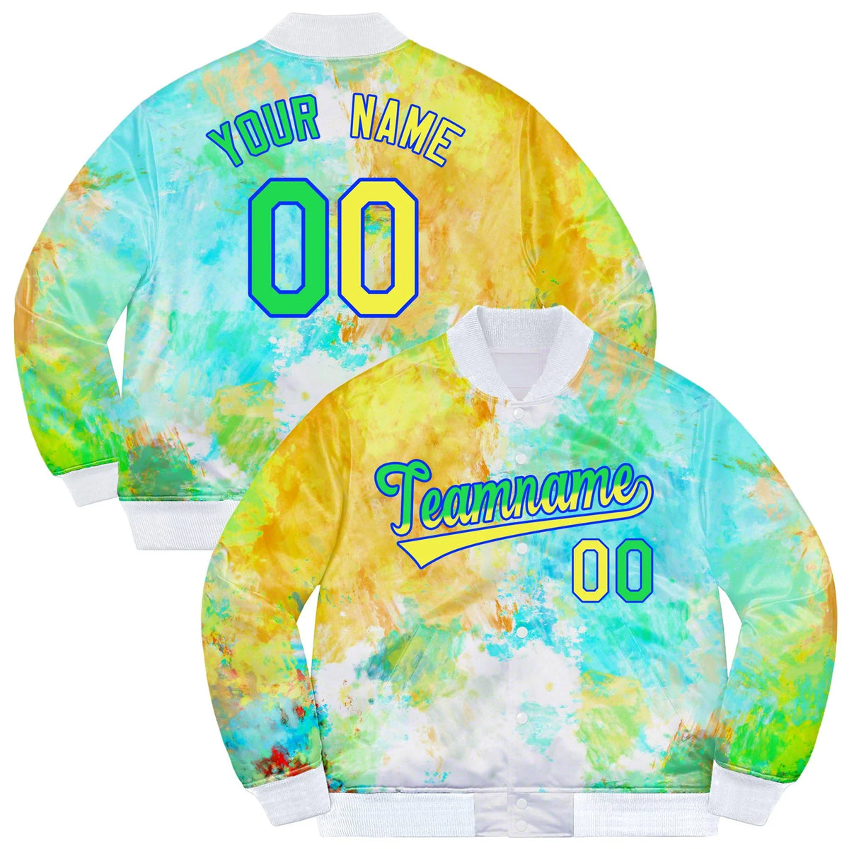 Custom Neon Green Gold-Royal Splashes Graffiti Pattern Varsity Jacket for Team