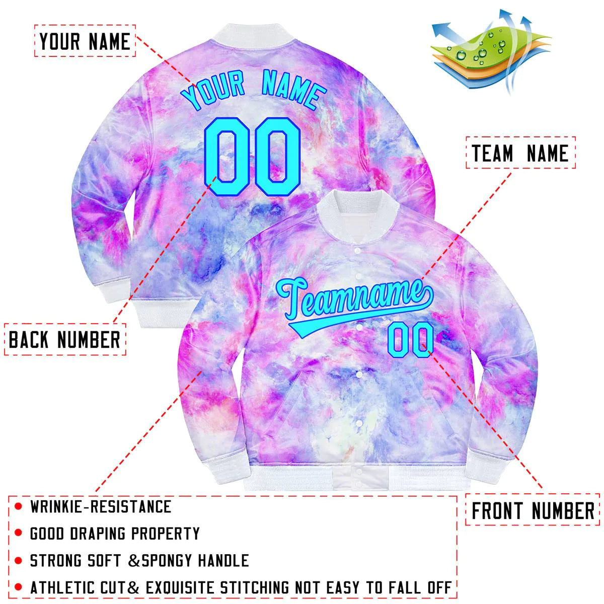Custom Purple Light Blue-Royal Splashes Graffiti Pattern Bomber Varsity Jacket