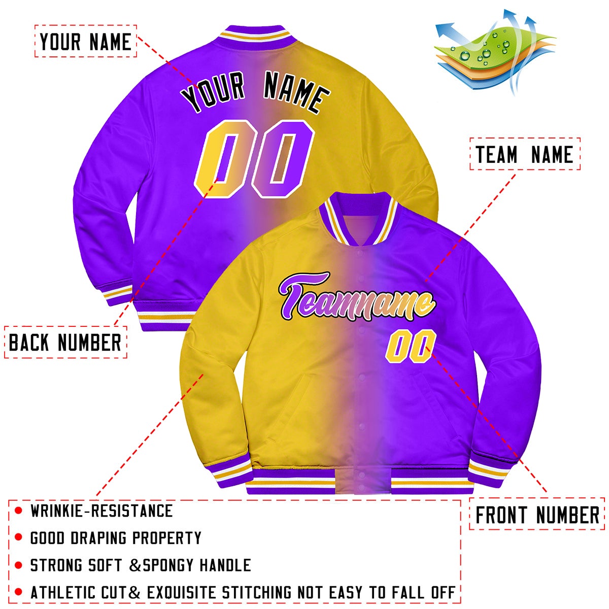 Benutzerdefinierte Lila Gold-Schwarz Zweifarbig Farbverlauf Mode Letterman Bomber Varsity Jacke