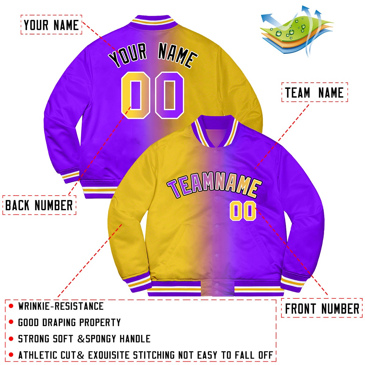 Benutzerdefinierte Lila Gold-Schwarz Zweifarbig Farbverlauf Mode Letterman Bomber Varsity Jacke