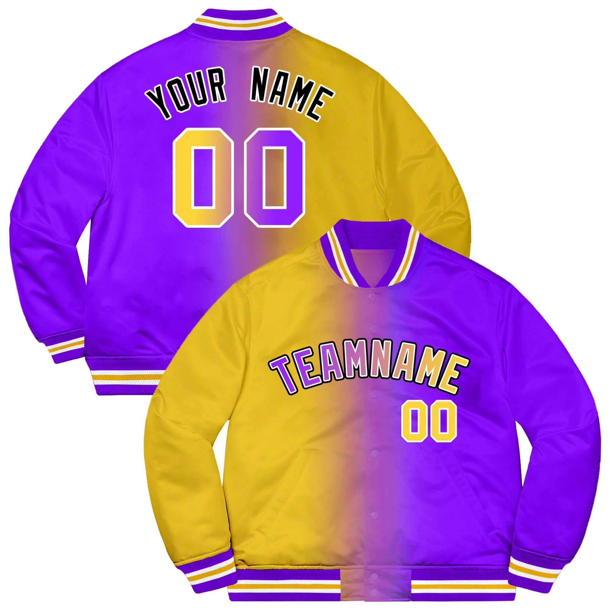 Benutzerdefinierte Lila Gold-Schwarz Zweifarbig Farbverlauf Mode Letterman Bomber Varsity Jacke