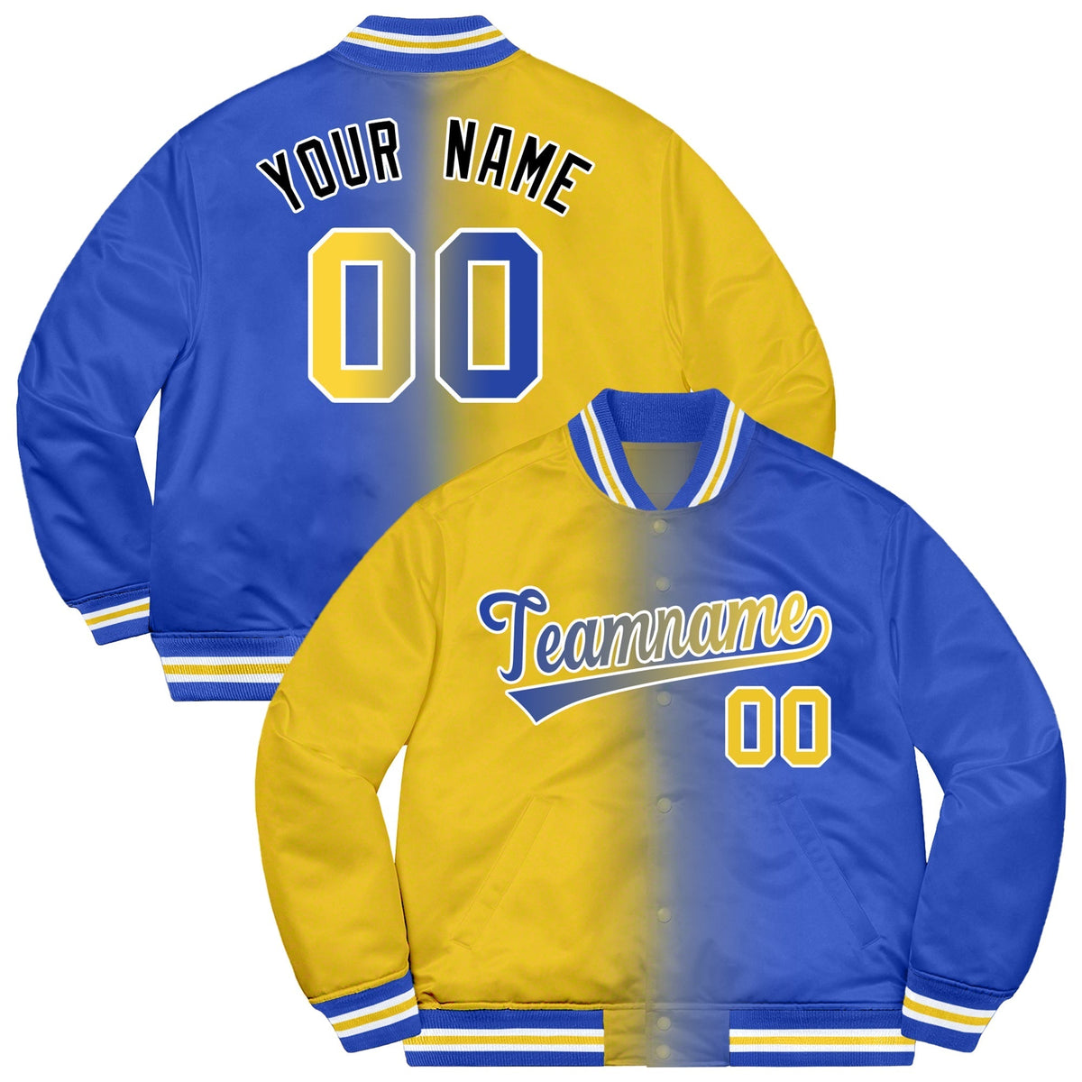 Custom Royal Gold-White Two Tone Gradient Fashion Letterman Bomber Varsity Jacket | KXKSHOP