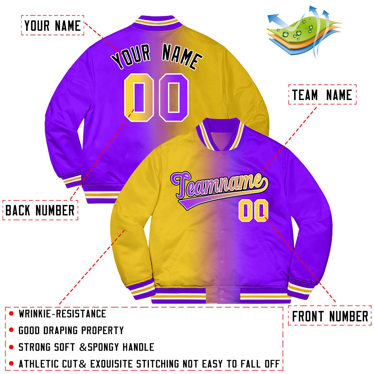 Benutzerdefinierte Lila Gold-Schwarz Zweifarbig Farbverlauf Mode Letterman Bomber Varsity Jacke