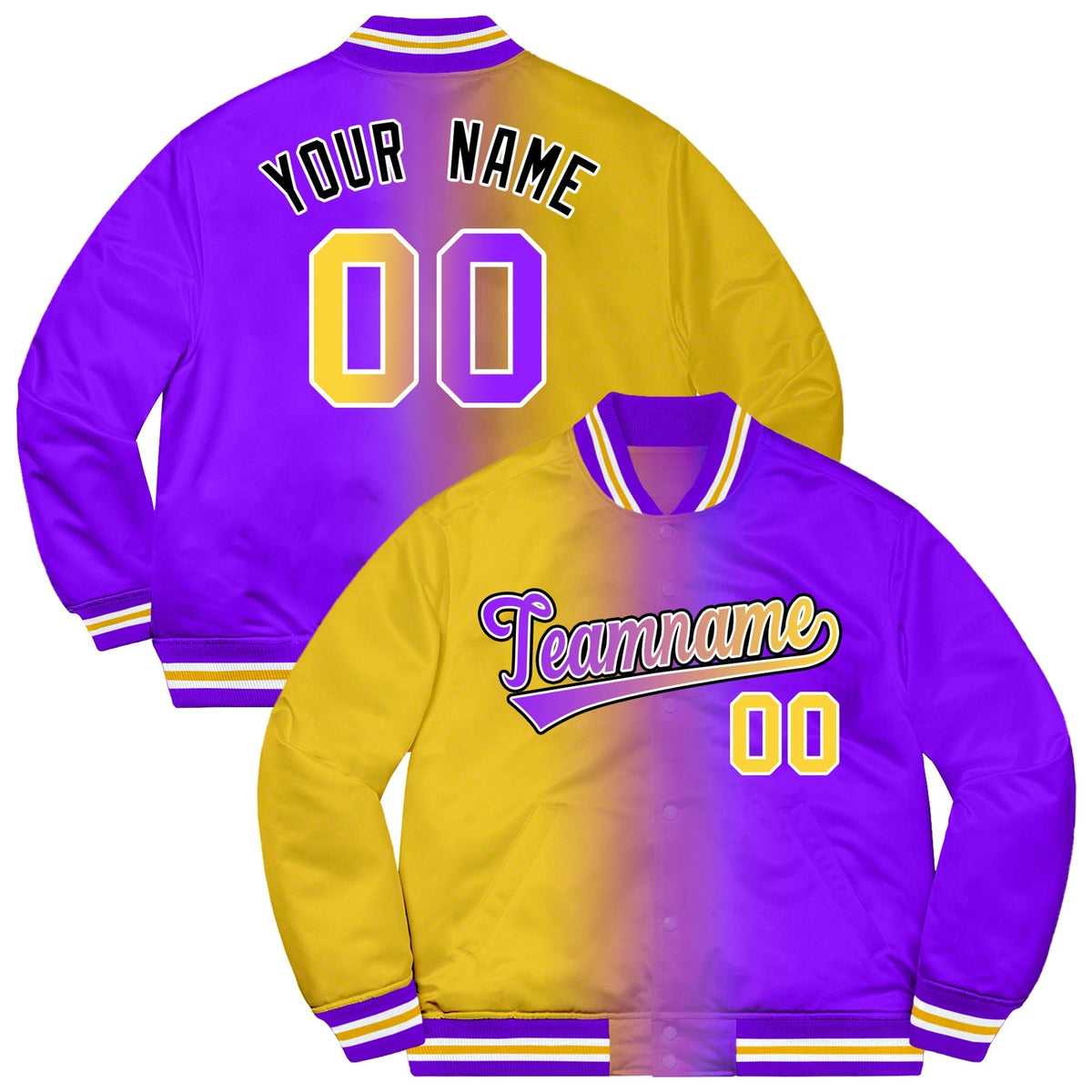 Custom Purple Gold-Black Two Tone Gradient Fashion Letterman Bomber Varsity Jacket | KXKSHOP
