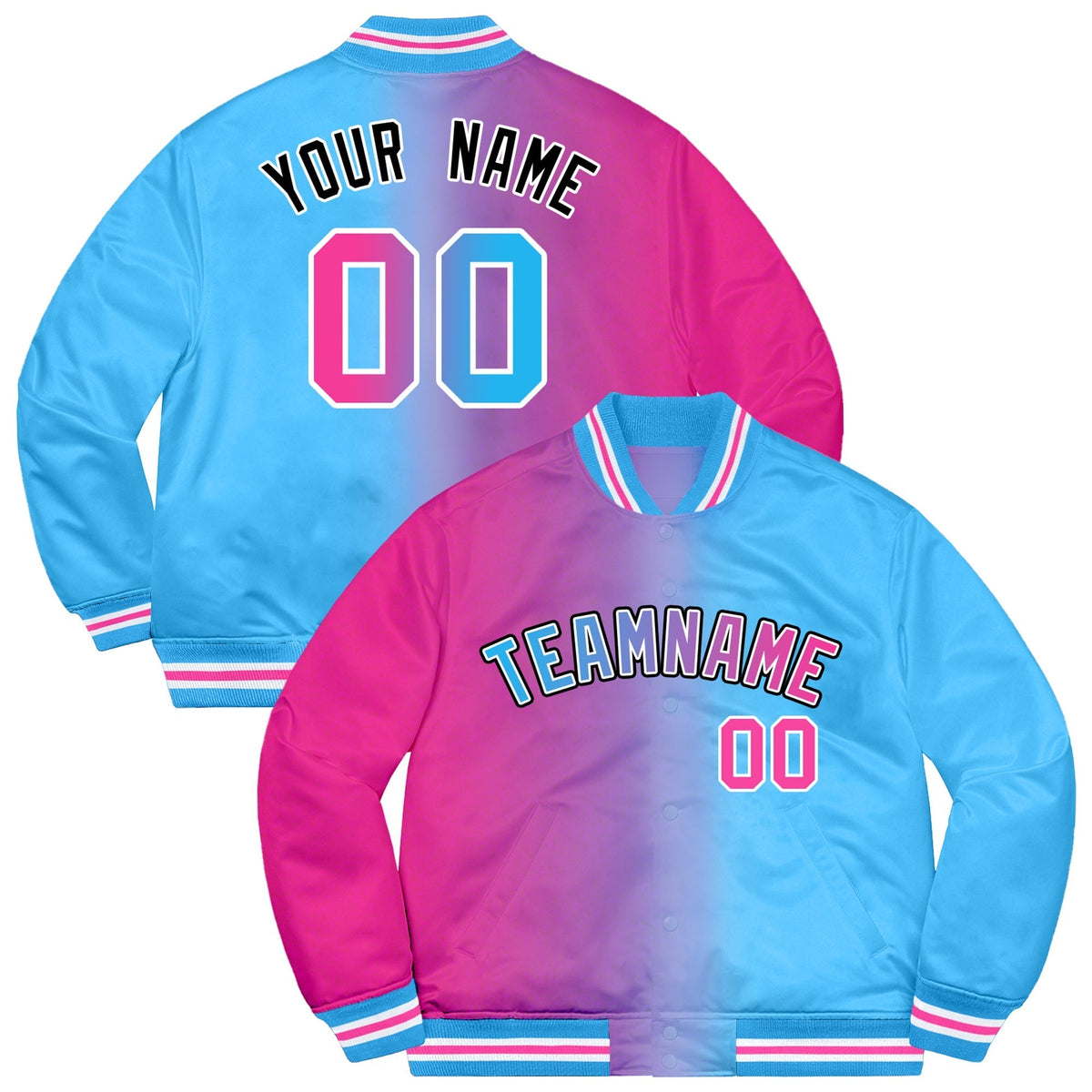 Custom Powder Blue Pink-Black Two Tone Gradient Fashion Full-Snap Letterman Jacket | KXKSHOP