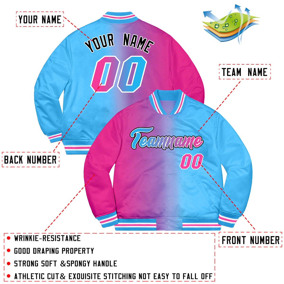 Custom Powder Blue Pink-Black Two Tone Gradient Fashion Full-Snap Letterman Jacket | KXKSHOP