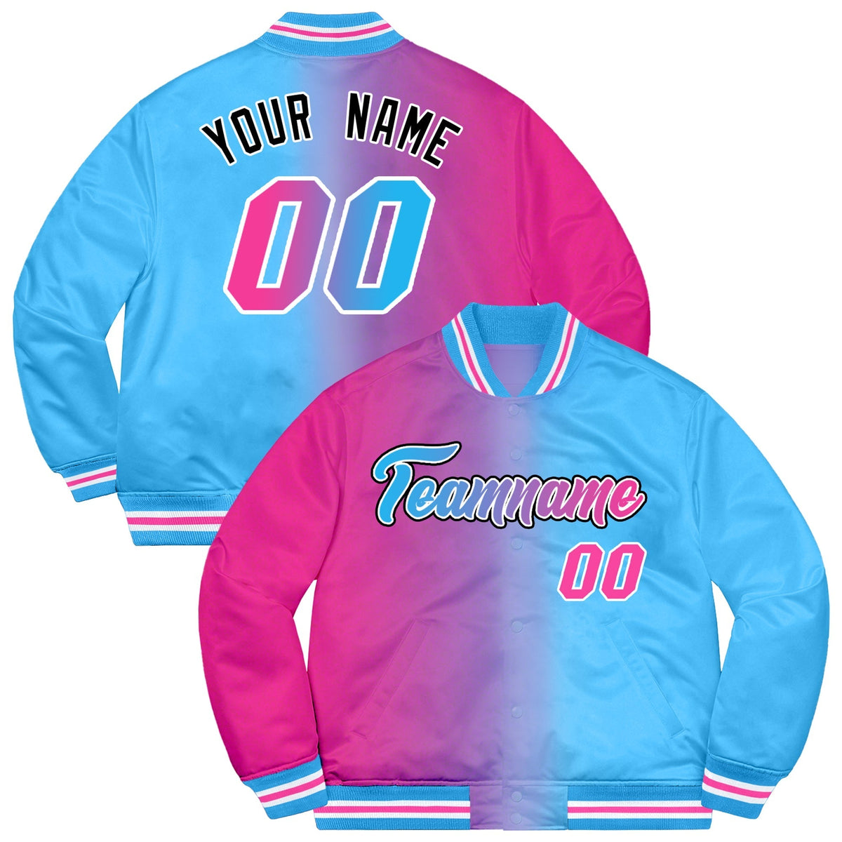 Custom Powder Blue Pink-Black Two Tone Gradient Fashion Full-Snap Letterman Jacket | KXKSHOP