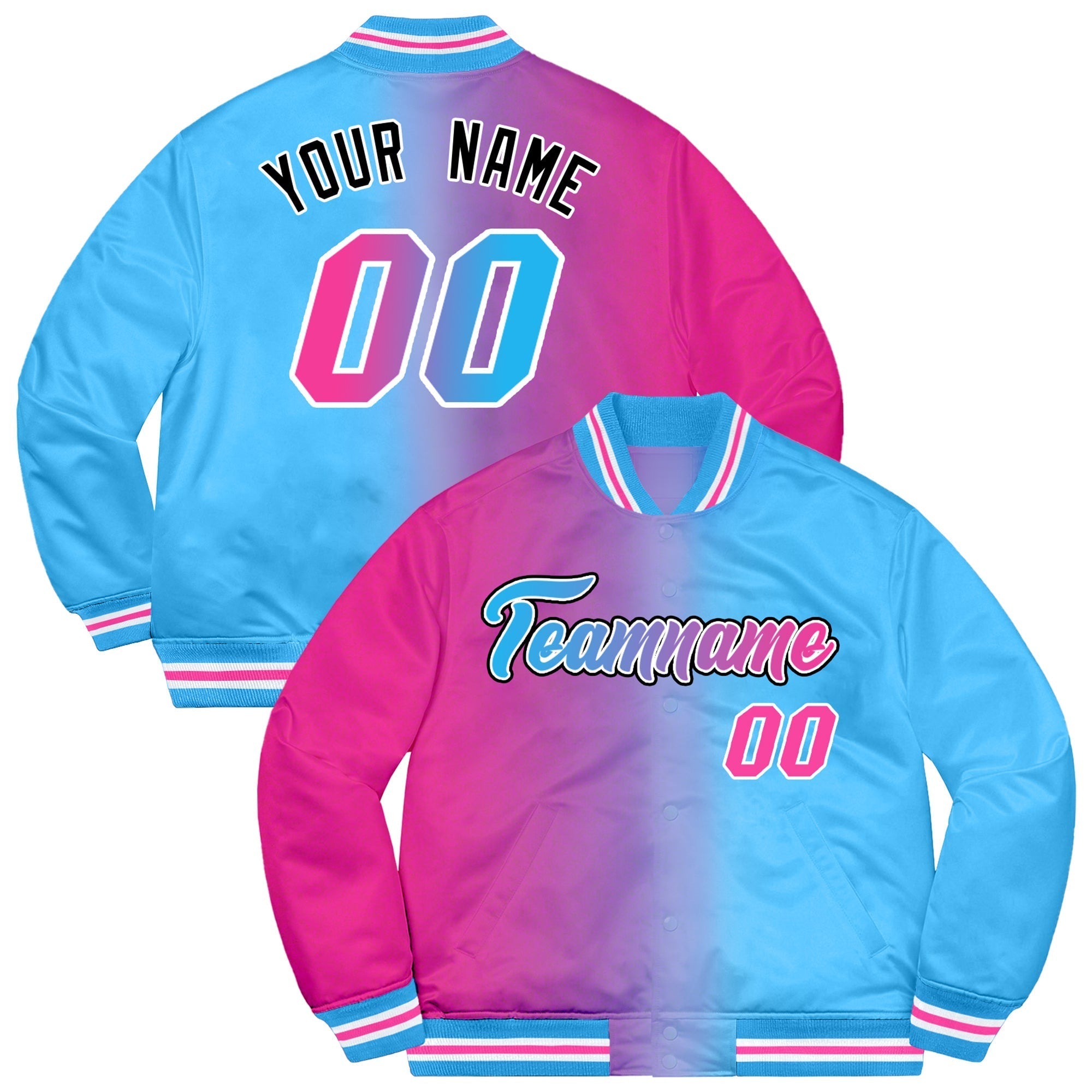 Custom Powder Blue Pink-Black Two Tone Gradient Fashion Full-Snap Letterman Jacket | KXKSHOP