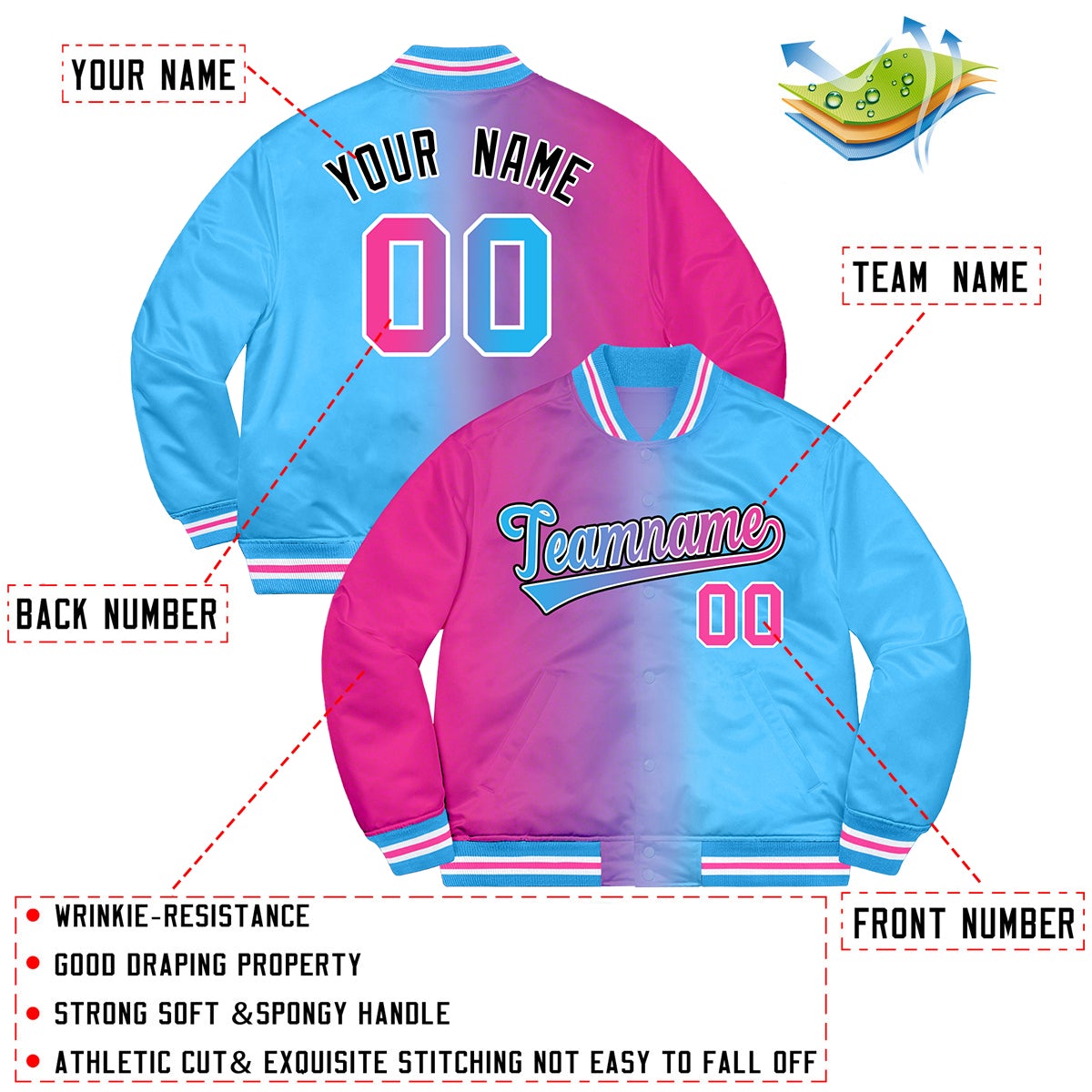 Custom Powder Blue Pink-Black Two Tone Gradient Fashion Full-Snap Letterman Jacket | KXKSHOP