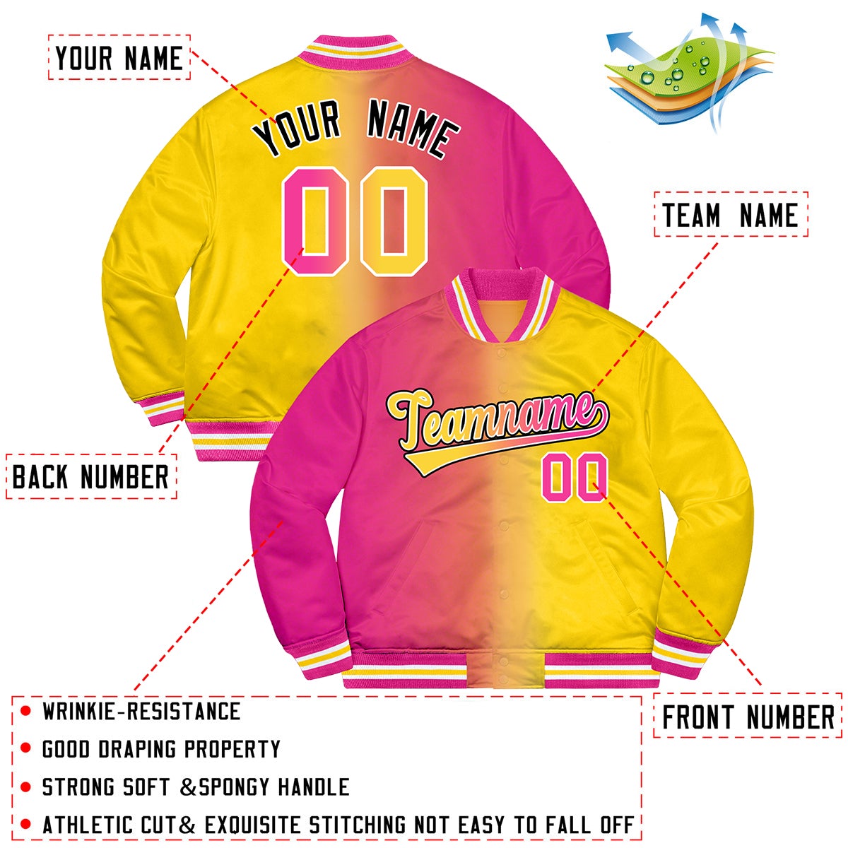 Custom Powder Blue Pink-Black Two Tone Gradient Fashion Full-Snap Letterman Jacket | KXKSHOP