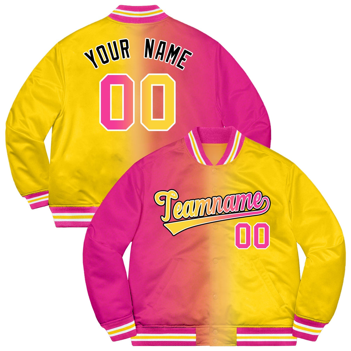 Custom Gold Pink-Black Two Tone Gradient Fashion Letterman Bomber Varsity Jacket | KXKSHOP