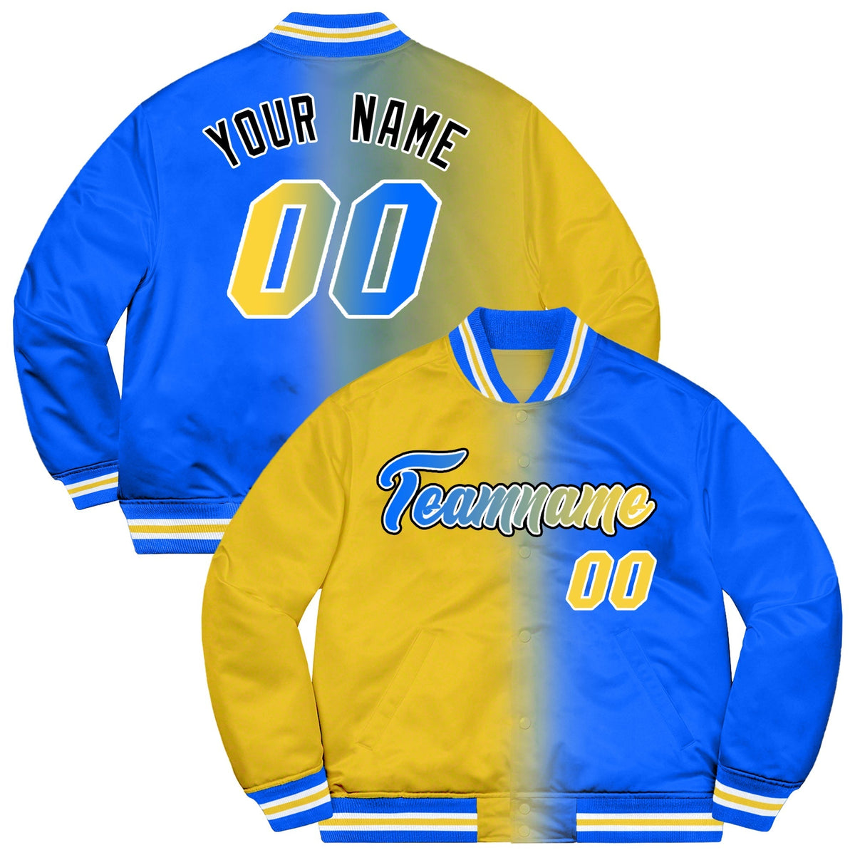 Custom Powder Blue Pink-Black Two Tone Gradient Fashion Full-Snap Letterman Jacket | KXKSHOP